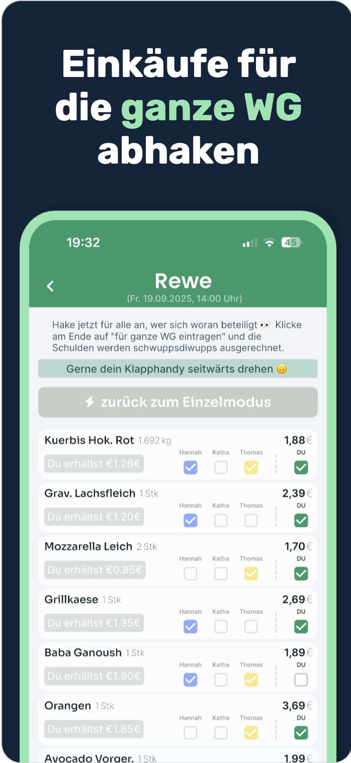 Artikel einzeln WG-Mitbewohnern zuweisen